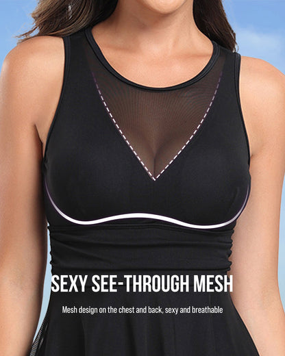 Mesh Skirt One-Piece Swimsuit with Built-In Bikini Bottom